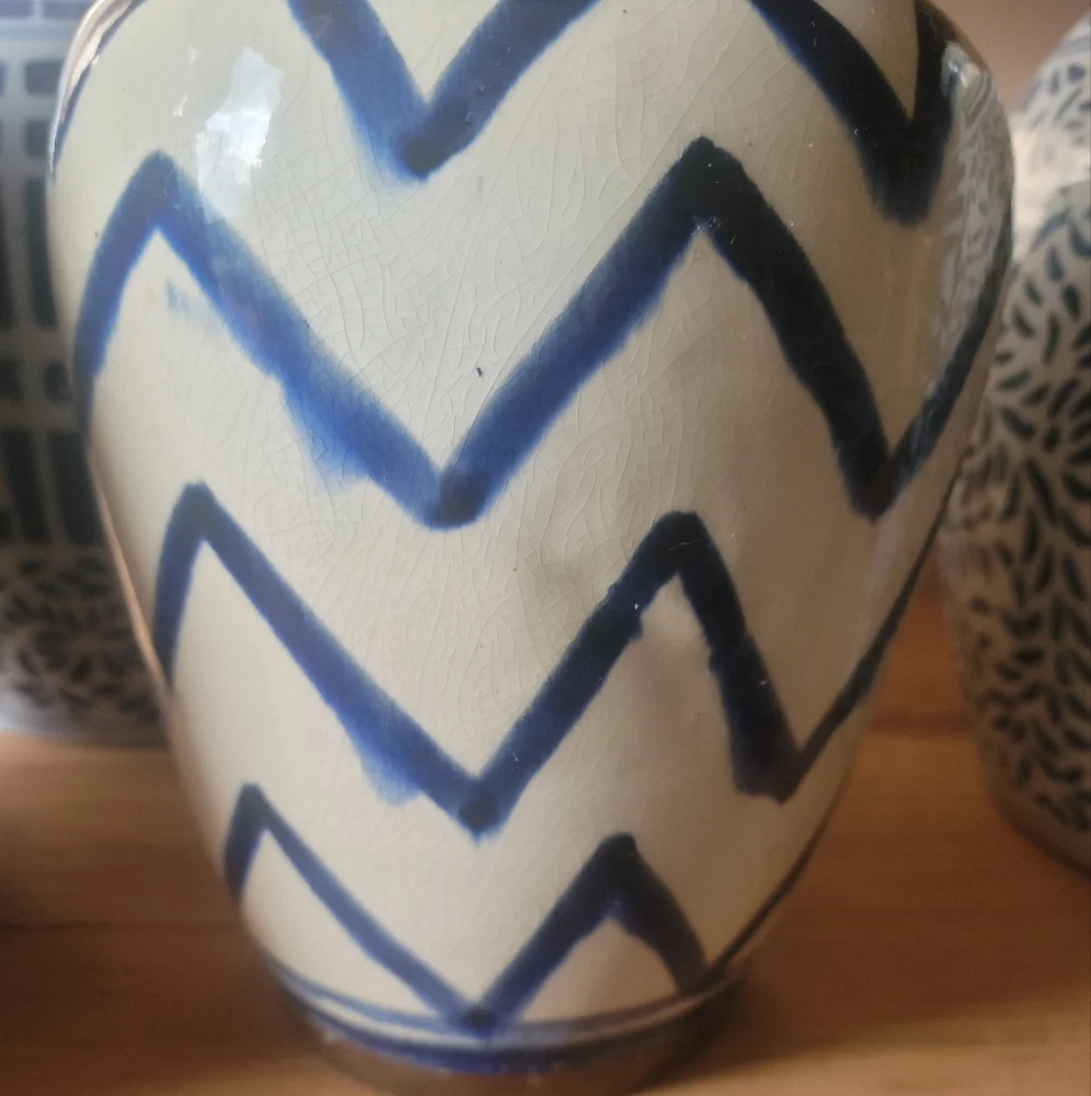 Vintage handmade vase blue white brass trim 9